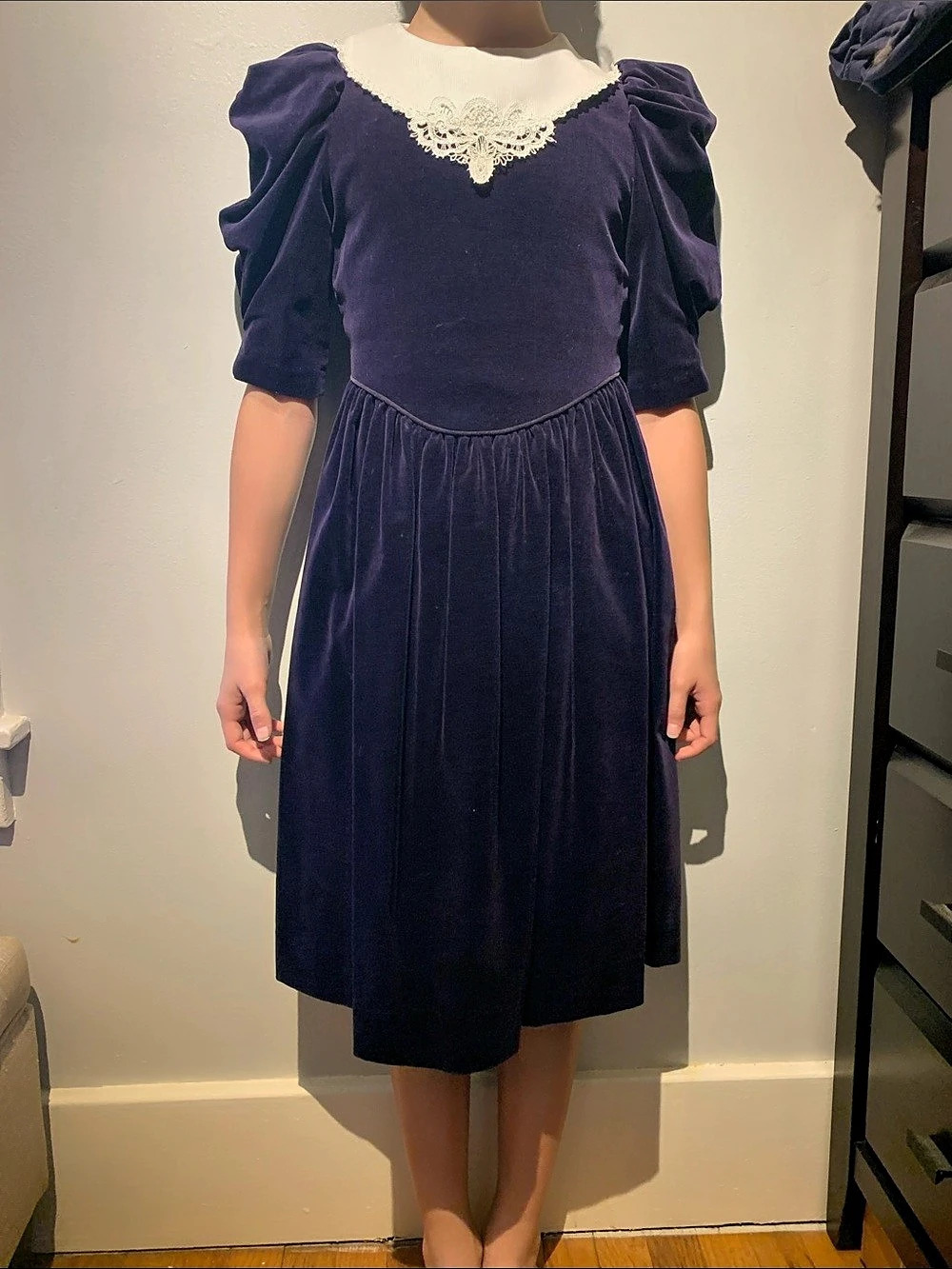 Vintage Ruth of Carolina Girls Velvet Midi Dress Purple & White, Like New